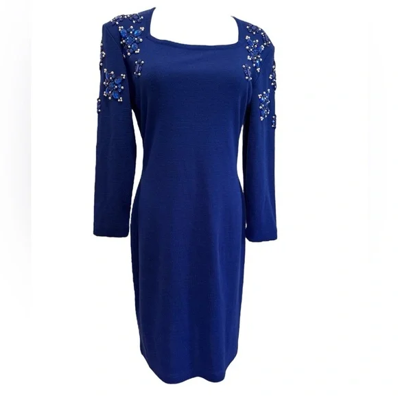 90s OUTLANDER ROYAL BLUE KNIT BODYCON MIDI DRESS & BLUE GEM & PEARL ACCENTS SZ M - Picture 3 of 7